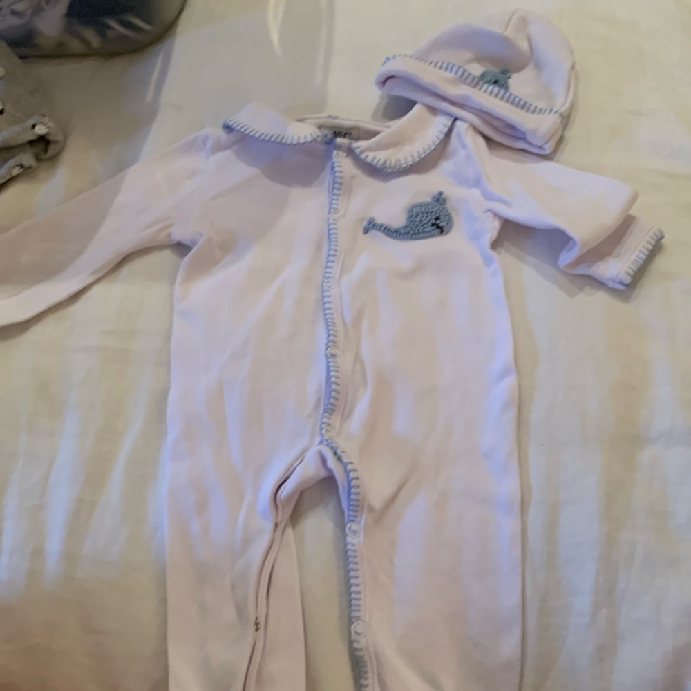 White onesie w blue whale